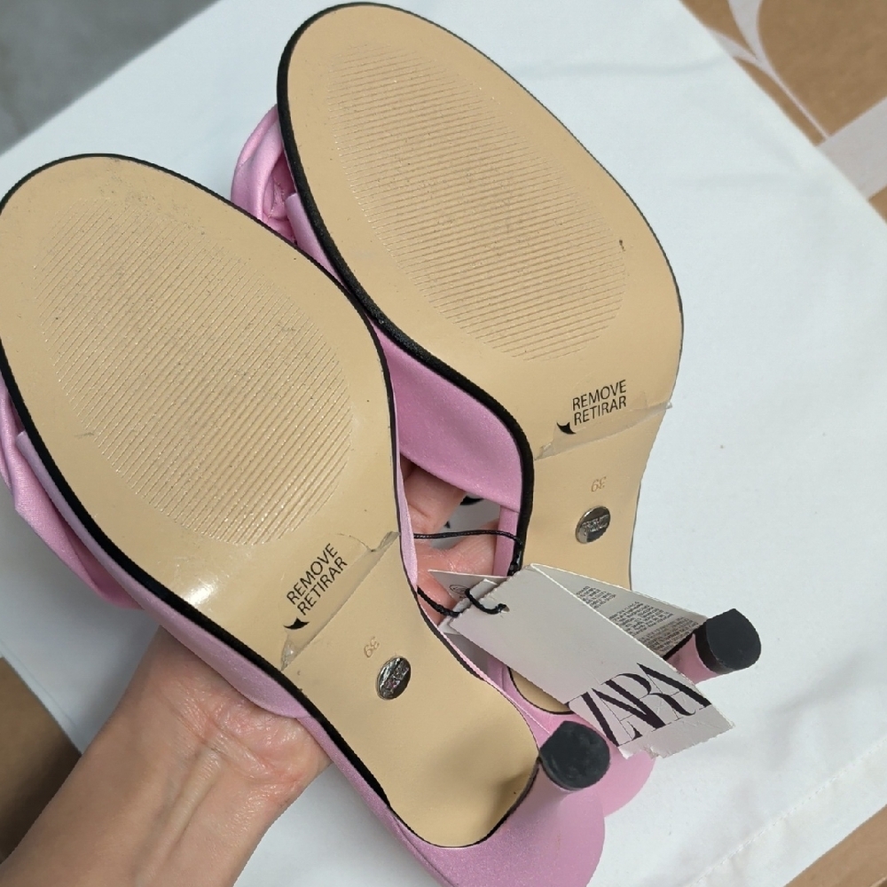 Zara Light Pink Satin Effect Rose Embellished Heels Size 8 NWT - Picture 5 of 7